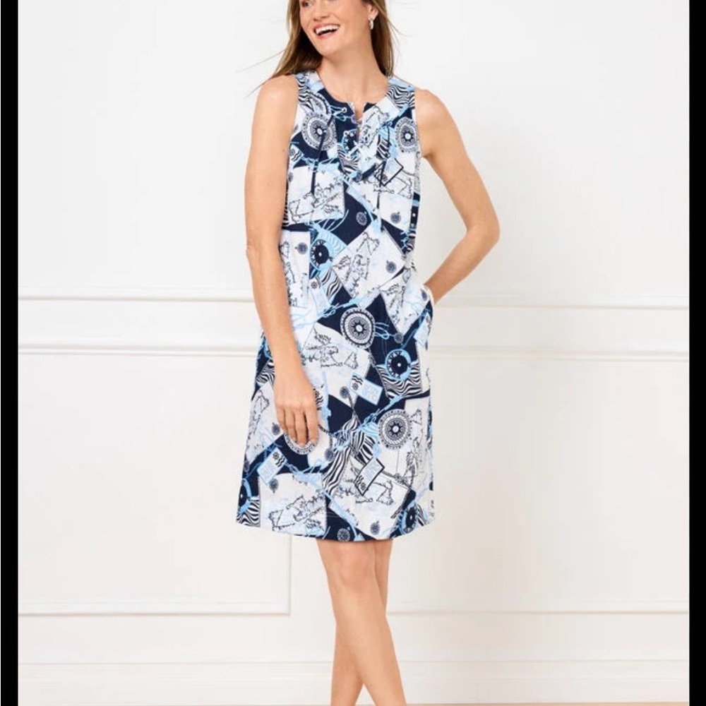 Talbots Navy and White lace up linen Sleeveless Dress